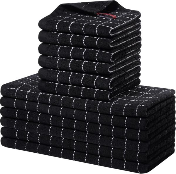 Homaxy Kitchen Towels and Dishcloths Set, 12 x 12 and 13 x 28 Inches, Set of 12 Bulk Cotton Terry Kitchen Towels Set, Checkered Designed, Soft and Super Absorbent Dish Towels, Black