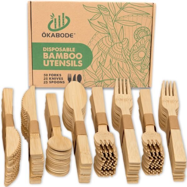 Disposable Bamboo Utensils, 100 Pack | 100% Bamboo Cutlery NOT Wooden Cutlery | Eco-Friendly Compostable Cutlery | 100% Biodegradable Utensils | 50 Bamboo forks, 25 Knives, 25 Spoons