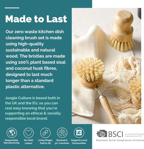 Jungle Culture® 6 Piece Natural Dish Brushes for Washing Up • Eco Dish Brush Kitchen Cleaning Set • Plant Based Coconut Scrubbers • Bottle/Pot Brush & Eco Friendly Scourer Sponge for Pans & Dishes - Image 6