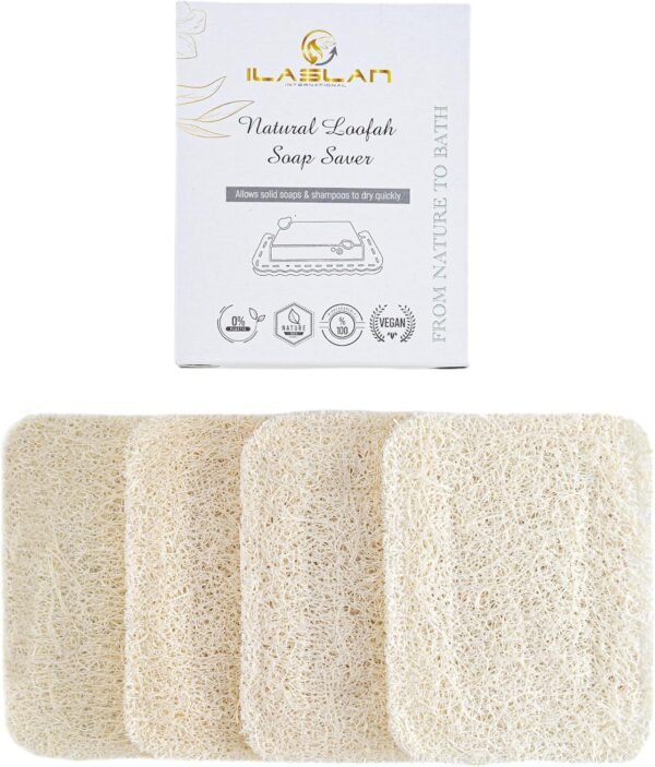 Natural Loofah Soap Saver, Shower and Sink Soap Holder | 4 Pcs Soap Dish, Compostable Tray Mat for Bathroom | Natural