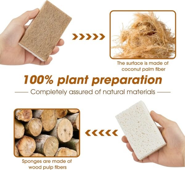 10 Pack Nature Dish Sponge - Natural Kitchen Sponge - Coconut Fiber and Wood Cellulose Scrubber Sponge - Image 2