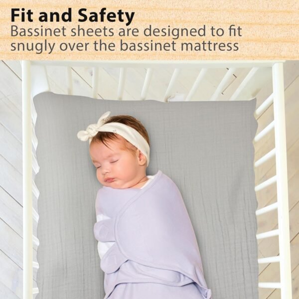 3 Pack Organic Muslin Bedside Bassinet Sheets Compatible with Mika Micky, Baby Delight, Dream On Me, AMKE and Other Bassinet Pads Size Between 17-21 in Width, 29-33 in Length, and 1.5-4 in Thick - Image 5