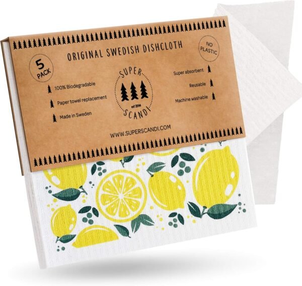 SUPERSCANDI 5 Pack (3 Printed, 2 White Cloths) Patterned Lemon Swedish Dishcloths Reusable Biodegradable Cellulose Sponge Cleaning Cloths for Kitchen Towel Replacement Washcloths