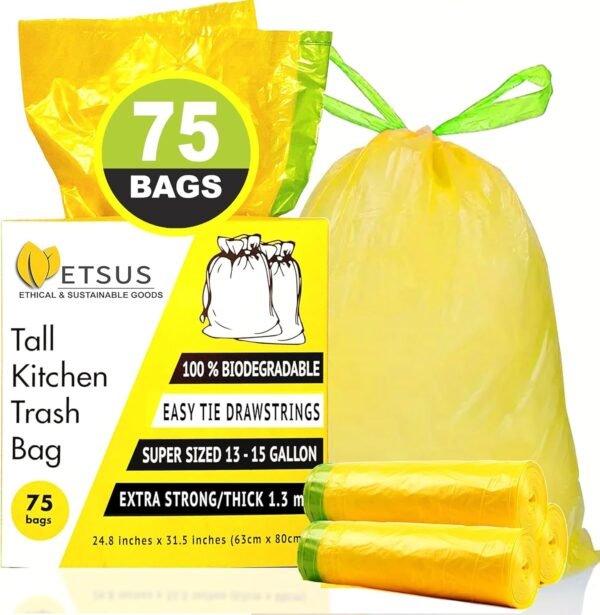 Biodegradable Trash Bags for 13 Gallon | 50 Liter Bin, Plant Based - 75 Count, Tall Kitchen Compost Bags with Drawstrings - Green Garbage Bags - 1.3 mil Thick Heavy Duty and Eco Friendly Trash Bags