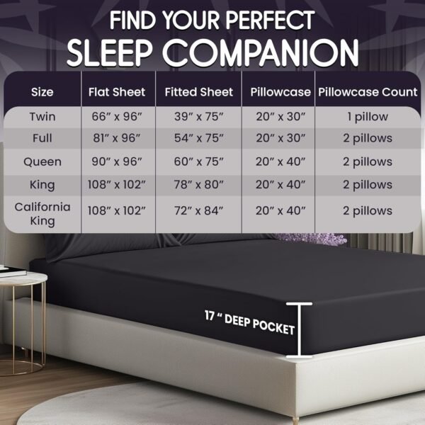 SLEEP SANCTUARY 100% Organic Viscose Derived from Bamboo Sheets King Size 4pcs - Ultra Soft & Luxuriously Cooling, 17" Deep Pocket, Perfect for Hot Sleepers - King Bed Sheets (Charcoal) - Image 5