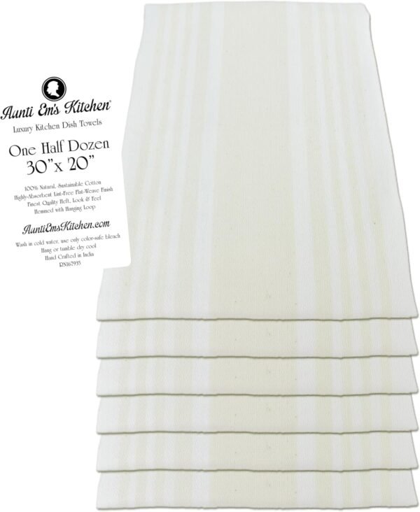 Aunti Em's Kitchen Designer Hand and Kitchen Dish Towels Woven from 100% Responsibly-Farmed, Thick, Luxurious Cotton, Oversized 20 x 30 inches, One Half Dozen, Natural Stripe