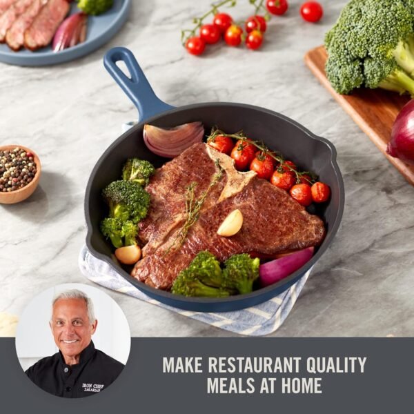 Zakarian by Dash 9.5 Inch Small Nonstick Cast Iron Skillet, Titanium Ceramic Coated Frying Pan, Blue - Image 2