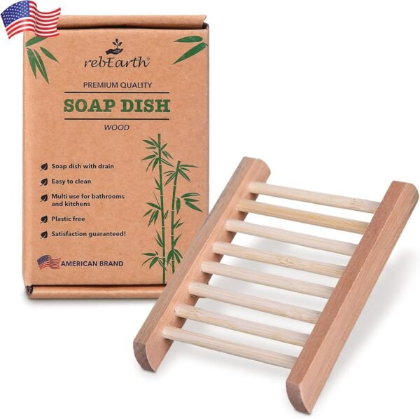 rebEarth Wood Soap Bar Dish Holder Handcrafted Stylish Square Tray | Self Draining | Keep Soap Dry | Shower Toilet Bathroom Kitchen Accessories Supplies| Container | Plastic Free | Reduce Waste 1 pack
