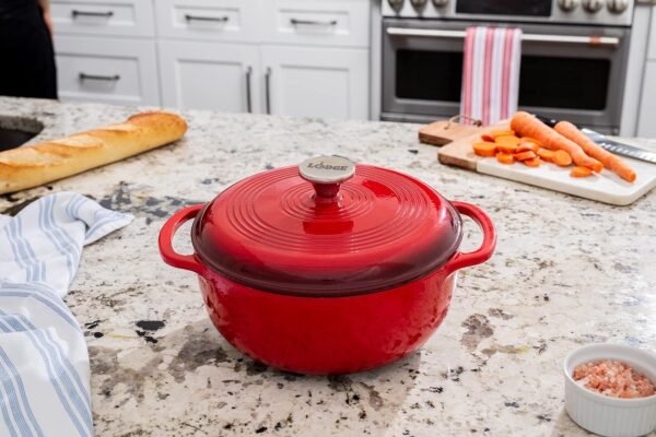 Lodge 4.5 Quart Enameled Cast Iron Dutch Oven with Lid – Dual Handles – Oven Safe up to 500° F or on Stovetop - Use to Marinate, Cook, Bake, Refrigerate and Serve – Island Spice Red - Image 5