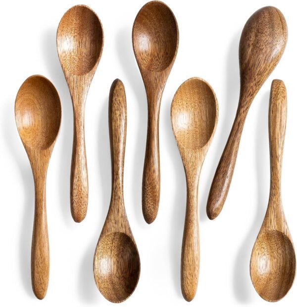 7 PCS Small Wooden Spoons, 5.8 Inch Honey Spoons for Tea, Acacia Wooden Honey Teaspoon for Coffee, Little Tiny Wood Spoons, Bamboo Table Spoon for stirring, Wooden Spoons for Utensils Set