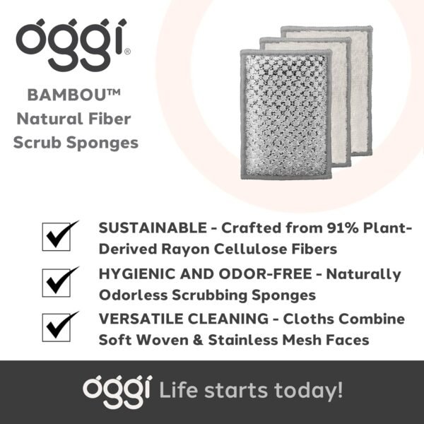 OGGI Bambou Odor-Free Scrubbing Sponges - Natural Scrub Sponges for Dishes, 91% Bamboo-Derived Rayon Cellulose Fiber, Reusable, Absorbent, Durable Scrubbers, Non-Scratch, Washable - 3 pcs, 7x4 - Image 7