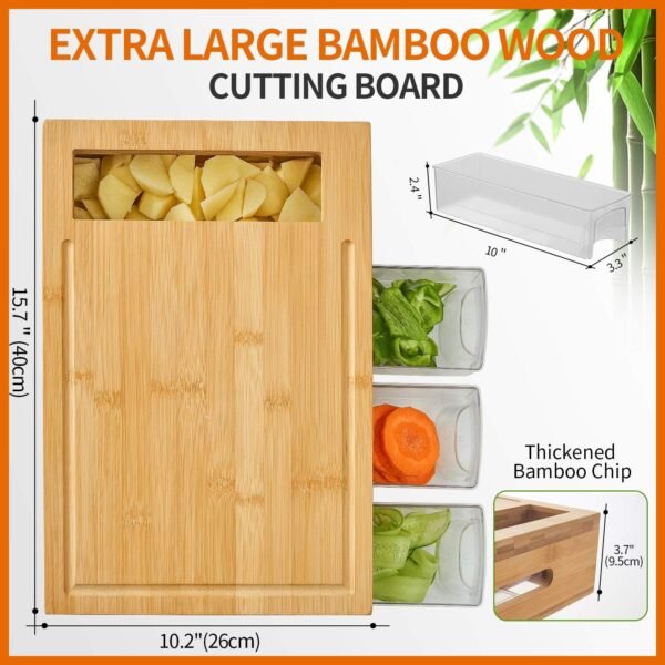 Bamboo Cutting Board with 4 Containers, Large Chopping Board with Juice Grooves, Easy-grip Handles & Food Sliding Opening, Carving Board with Trays for Food Storage, Transport and Cleanup - Image 7