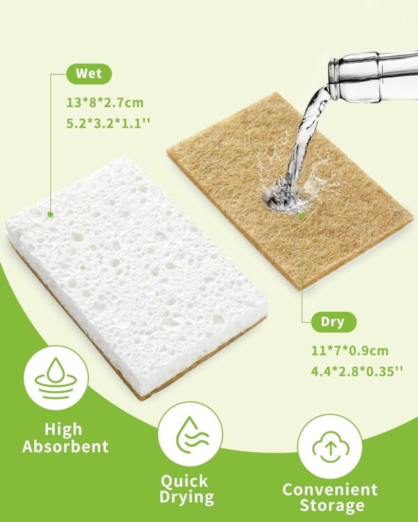 Biodegradable Natural Kitchen Sponge 12Pack, Compostable Cellulose and Coconut Walnut Scrubber Sponge - Image 3