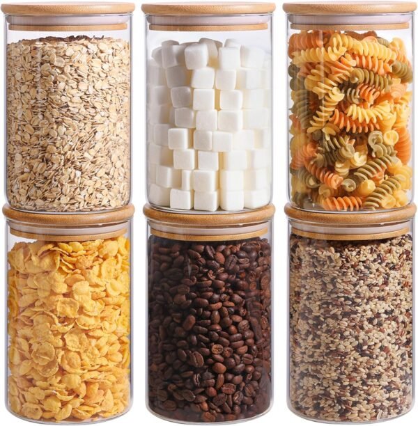 ComSaf 32oz Glass Storage Containers with Lids, Glass Jars with Lids, Clear Food Storage Jar, Round Glass Canister Set of 6, Pantry Organizers and Storage for Cookie Pasta Flour Rice Tea Coffee Bean - Image 8