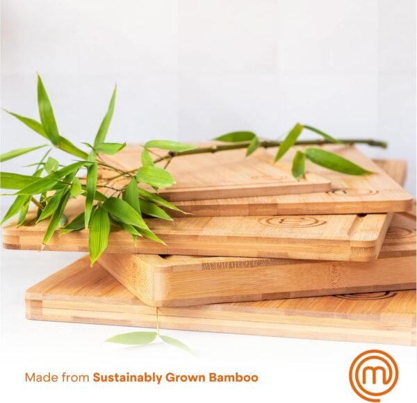 MasterChef Cutting Boards for Kitchen, Bamboo Chopping Board Set of 3, Organic Food Safe Surfaces for Preparing & Serving Meat, Cheese etc, Large, Medium & Small Wooden Boards with Juice Grooves - Image 3