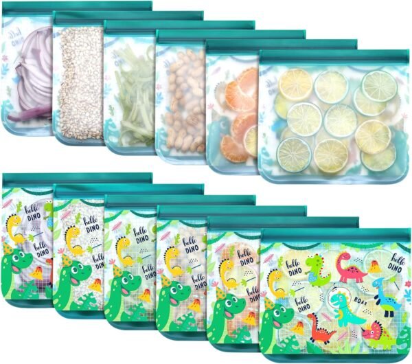 Rumia 12 Pack Reusable Food Storage Bags Dinosaur Silicone Sandwich Bags Snack Bags Leakproof Freezer Bags with Zipper Travel/Home Organization Waterproof Reusable Food Storage Bag