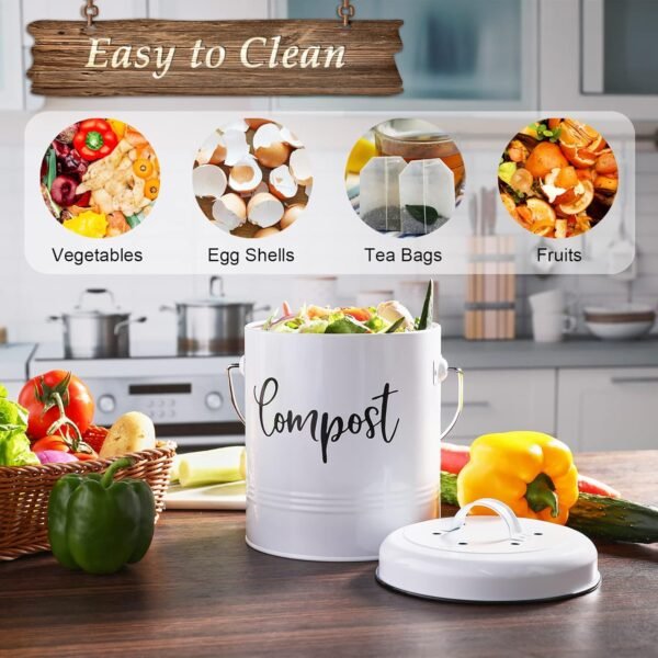 Compost Bin Kitchen - 1.3 Gallon Farmhouse Kitchen Compost Bin Countertop - Indoor Compost Bin - Countertop Compost Bin with Lid and Charcoal Filters - Rust Proof Compost Bucket, White - Image 4