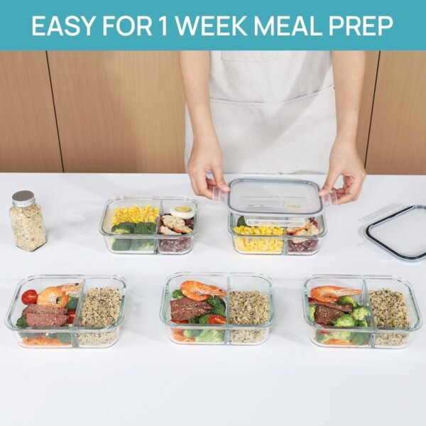 Vtopmart 5 Pack 33oz Glass Food Storage Containers with Lids, Meal Prep Containers 2 Compartments, Airtight Lunch Containers Bento Boxes with Snap Locking Lids for Microwave, Oven, Freezer - Image 4