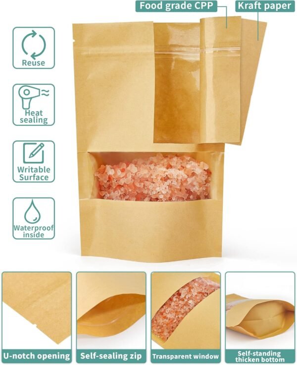 FireKylin 100 Pcs Kraft Paper Bags with Window, 6.3" x 8.6" Stand Up Pouches Bags, Zip Lock Food Storage Bags for Packaging Products, Reusable, Sealable - Image 3