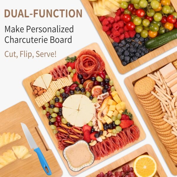 Charcuterie Board with Lid and Handle - Portable Travel Design Bamboo Cheese Board Set with 4 Cheese Tools, Gift for Housewarming, Weddings, Picnics(1 Compartment, Black) - Image 4