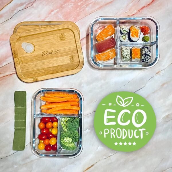 Glass Bento Box Containers with Bamboo Lids, 3 Compartment Glass Meal Prep Containers [3 Pack] - 100% Plastic Free, Eco-Friendly Glass Lunch Containers, Bamboo Glass Bento Boxes for Adults - Image 9
