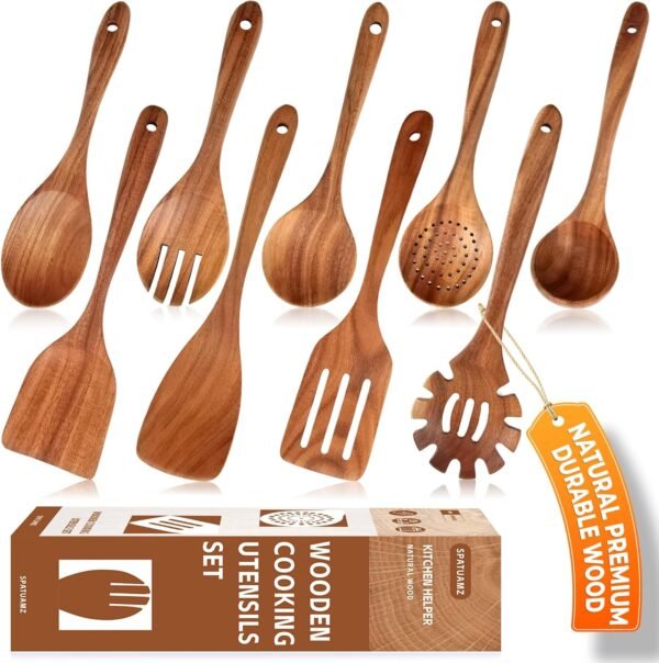 9 Piece Wooden Kitchen Utensils Set, Smooth Finished Wooden Spoons for Cooking, Natural Teak Cooking Utensil Set - Comfortable Grip, Durable & Sturdy