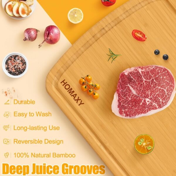 Homaxy Extra Large Bamboo Cutting Boards for Kitchen, 18x12.5" Wood XL Cutting Board with Juice Groove, Butcher Block Wooden Chopping Board for Kitchen, Meat, Cheese, Fruit & Vegetables - Pre Oiled - Image 3