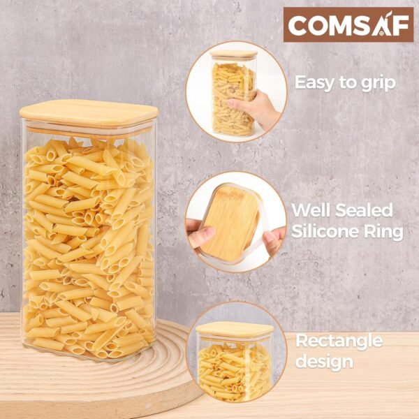 ComSaf 54oz Rectangle Glass Storage Containers with Lids, Glass Jars with Bamboo Lids, Clear Food Storage Jar, Sugar Coffee Containers, Pantry Storage Container for Pasta Rice Flour Oats Nuts Tea - Image 4