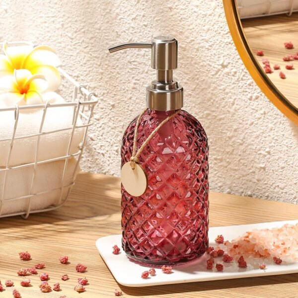 16 OZ Clear Soap Dispenser with 304 Rustproof Stainless Steel Pump Bathroom Kitchen,Soap Dispenser,Refillable Liquid Glass Soap Dispenser for Hand Soap, Dish Soap, Lotion(Purple) - Image 6