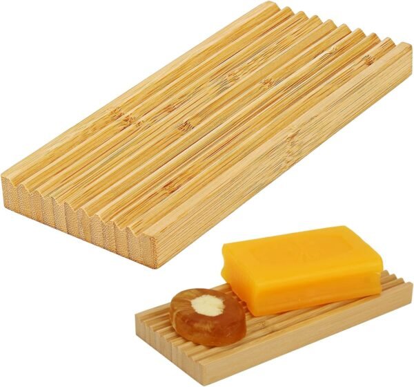 Bamboo Soap Dish Holder - Soap Saver - Natural Bamboo Wood Soap Dish with Drain Tray for Shower Bathroom Bathtub Kitchen Extend Soap Life (1)