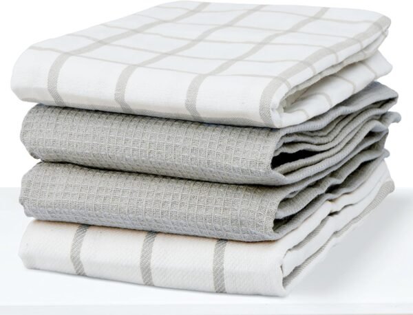 THREAD SPREAD Kitchen Towels Set - Pack of 4 Multiweave Pattern Cotton Dish Towels - 18”x 28” - Kitchen Hand Towels - Absorbent - Dish Towels for Kitchen - Quick Drying Kitchen Towels - Grey