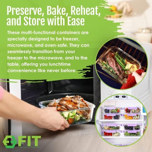 2 & 3 Compartment Glass Meal Prep Containers (4 Pack, 32 oz) - Glass Food Storage Containers with Lids, Glass Bento Box, Portion Control, Airtight, Oven & Freezer safe, Glass Food Container, Lavender - Image 5