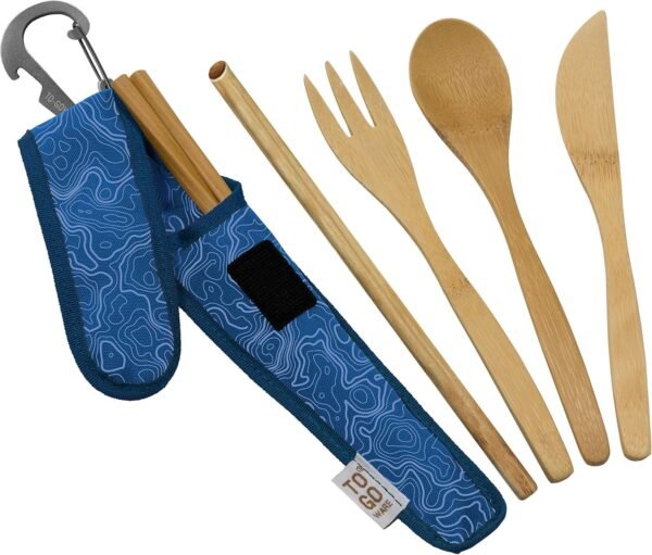 Premium Reusable Bamboo Utensil Travel Set | Includes Fork, Knife, Spoon, Chopsticks, & Carabiner Clip | Made from Sustainable Materials | Eco-Conscious | Blue Topo (Pack of 1)