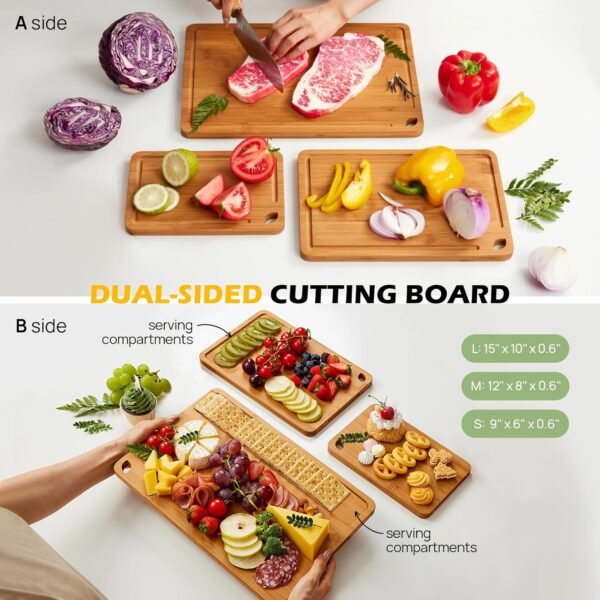 Bamboo Cutting Board, Durable Wood Cutting Boards for Kitchen with Deep Juice Grooves & Built-in Handles, Ideal Charcuterie & Chopping for Meat, Vegetables and Fruits Ideas Kitchen Gift for Home Cooks - Image 5
