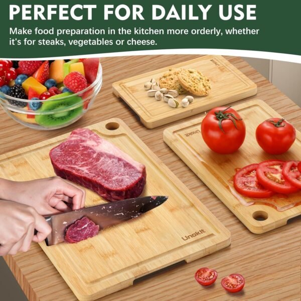 Bamboo Cutting Board, Unokit Wood Cutting Boards for Kitchen (Set of 3), Cutting Board with Juice Grooves & Built-in Handles, Ideal Charcuterie & Chopping for Meat, Vegetables and Fruits - Image 7
