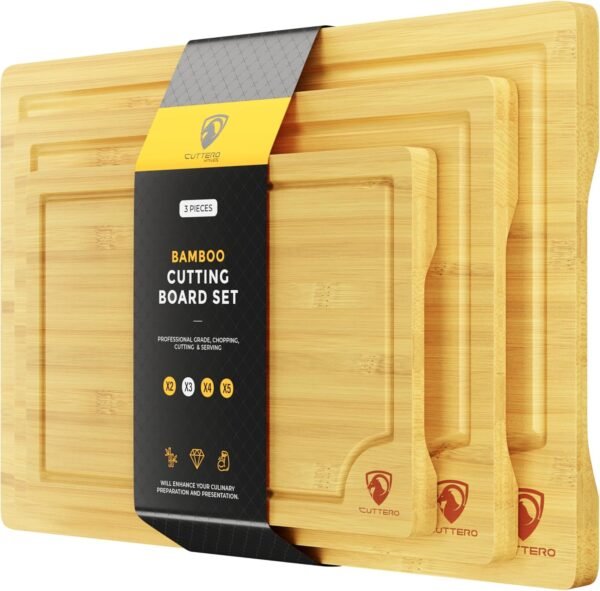 Cutting Boards for Kitchen - Bamboo Cutting Board Set of 2, Cutting Boards w/Juice Grooves, Thick Chopping Board for Meat, Veggies, Easy Grip Handle - Kitchen Gadgets Gift