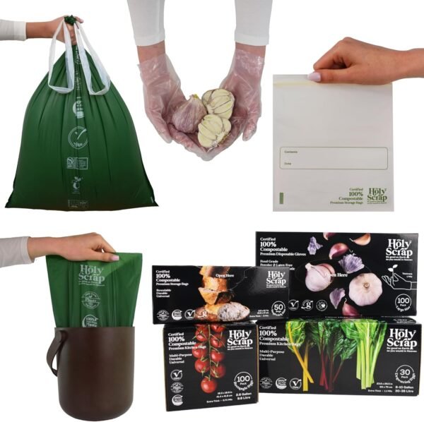 100% Compostable Household Basics Set - 2.6 G Scrap Bags (100 Pack), 8-10 G Drawstring Trash Bags (30 Pack), Large Disposable Kitchen Gloves (100 Pack), Resealable Snack Bags (50 Pack)