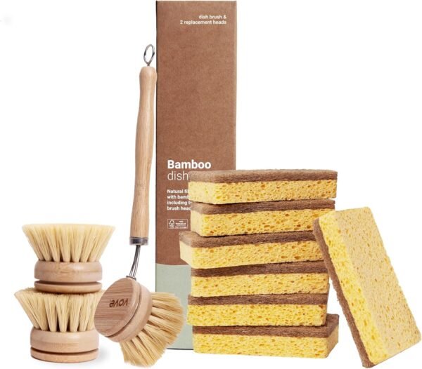| Eco Kitchen Cleaning Bundle | Bamboo Dish Brush & 6 Natural Kitchen Sponges | with 3 Replacement Heads | Sustainable Cleaning | Plastic-Free | Versatile Cleaning | High-Performance