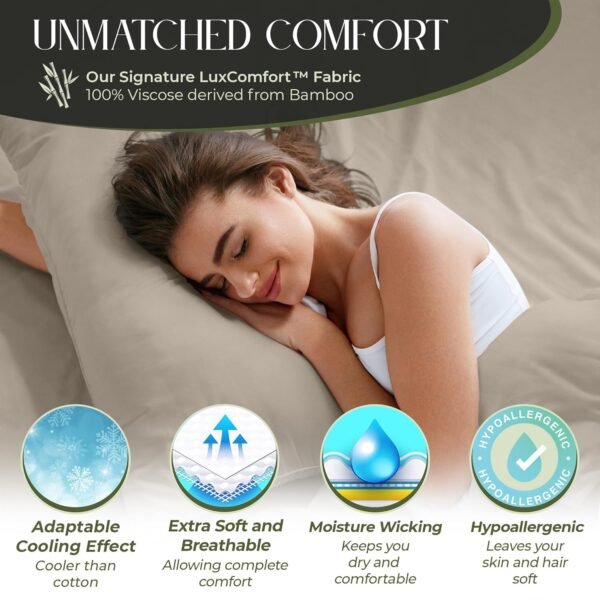 DECOLURE 100% Organic Viscose Derived from Bamboo Sheets King Size 6pcs - Ultra Soft & Luxuriously Cooling, 17" Deep Pocket, Double Stitching, Perfect for Hot Sleepers - King Bed Sheets (Taupe) - Image 2