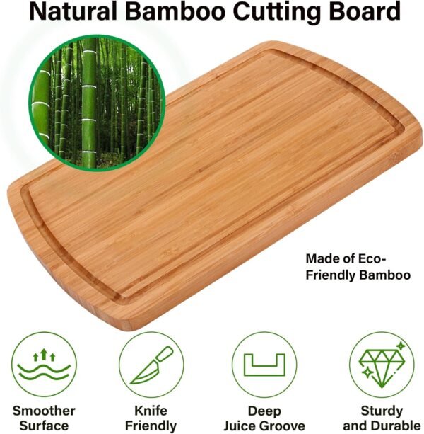 Bamboo Cutting Board Set of 2 - Cutting Board with Juice Groove, Double-Sided Cutting Board for Kitchen, Bamboo Serving Board Chopping Board for Meat, Vegetables and Cheese - Image 2