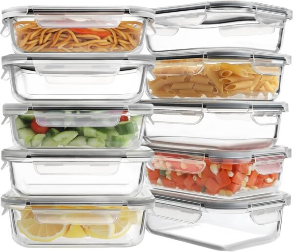 HOMBERKING 10 Pack Glass Meal Prep Containers, Food Storage Containers with Lids, Airtight Lunch Bento Boxes, BPA-Free & Leak Proof (10 lids & 10 Containers) - Grey