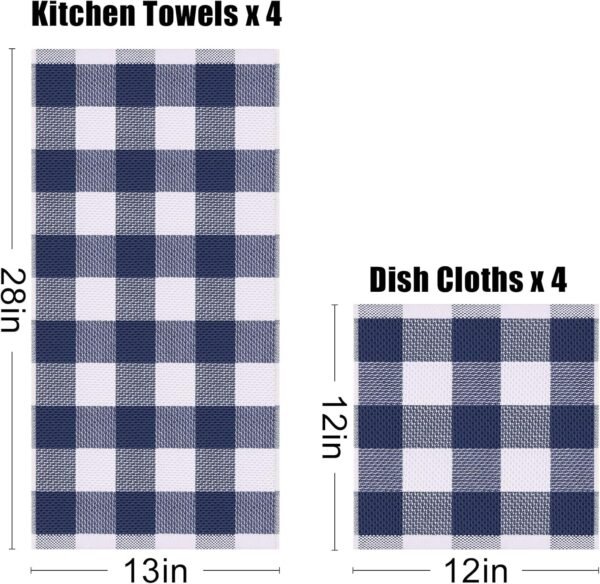 Homaxy Kitchen Towels and Dishcloths Set, 12 x 12 and 13 x 28 Inches, Set of 12 Bulk Cotton Waffle Weave Check Plaid Kitchen Towels, Super Soft and Absorbent Dish Towels, White & Navy Blue - Image 4
