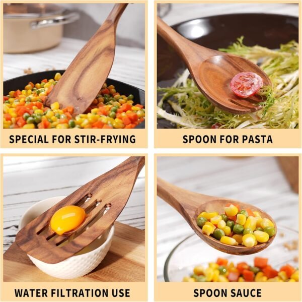 Wooden Spoons for Cooking, 9 PCS WOSPONFAN Kitchen Utensils Set, Wooden Utensils for Cooking - Wooden Spoons, Spatula Set, Slotted Spoon, Handmade Wooden Spoon Set - Image 3