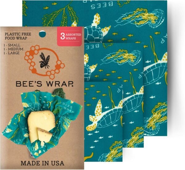 Bee's Wrap Reusable Beeswax Food Wraps Made in the USA, Eco Friendly Beeswax Wraps for Food, Sustainable Food Storage Containers, Organic Cotton Food Wraps, Assorted 3 Pack (S, M, L), Ocean