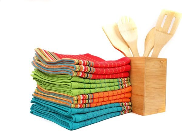 Kitchen Dish Towels Salsa Stripe | 100% Natural Absorbent Cotton Salsa Towels | Multi Purpose Waffle Tea Towels for Drying & Cleaning | Festive Red, Orange, Green and Blue (28 x 16 inches), 12-Pack - Image 3