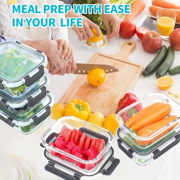 Skroam 10 Pack Glass Meal Prep Containers, Glass Airtight Food Storage Containers with Lids, Pantry Kitchen Storage Containers for Lunch, Food Storage, Meal Prep, Glass Lunch Bento Boxes - 22 OZ - Image 6