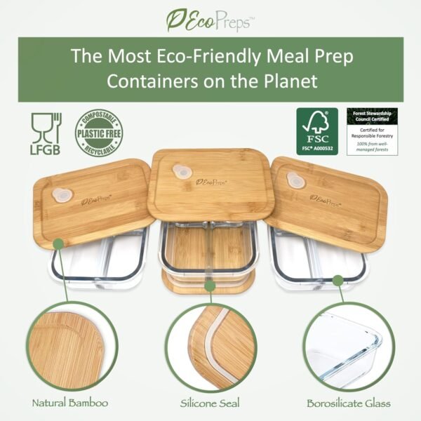 Glass Bento Box Containers with Bamboo Lids, 3 Compartment Glass Meal Prep Containers [3 Pack] - 100% Plastic Free, Eco-Friendly Glass Lunch Containers, Bamboo Glass Bento Boxes for Adults - Image 2