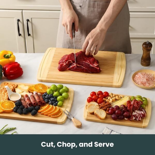 Hiware 3-Piece Extra Large Wooden Cutting Boards For Kitchen, Bamboo Cutting Board with Holder, Wood Cutting Board Set, Heavy Duty Chopping Board for Meat, Serving Tray Set- Two Tone - Image 5