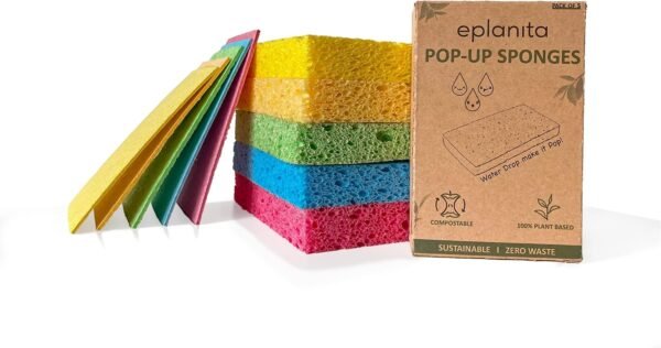 EPLANITA Pop-Up Sponges (5 Pack) Natural Cellulose, Compostable, Scratch-Free Cleaning for Kitchen & Bathroom, Washing Up, Eco Scrub, DIY Crafts
