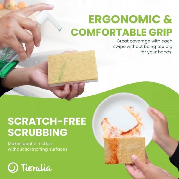 Tieralia Plant-Based Sponges - 12 Pack - 100% Compostable, Non-Scratch, Odor-Free - Made from Wood Cellulose & Sisal for Kitchen Cleaning - Image 5